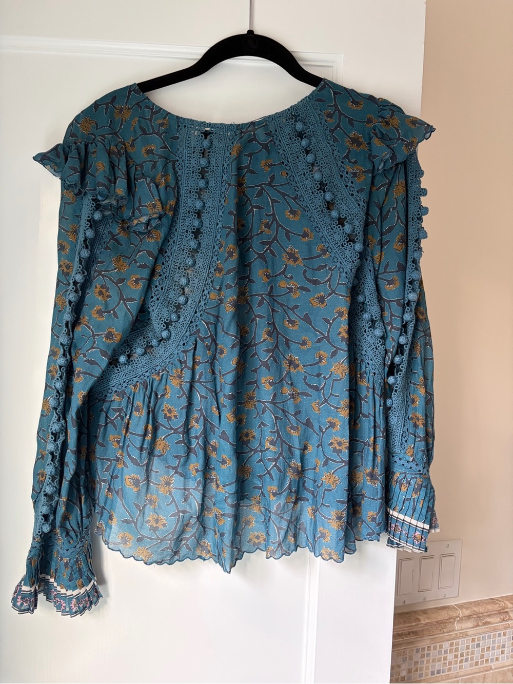 Sea New York Teal Floral Lace-Trim Peasant Blouse